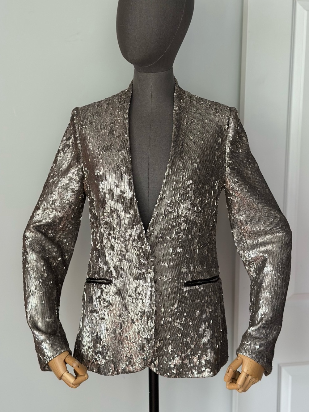 AllSaints Metallic Silver Sequin Blazer Tailored Party Statement Jacket